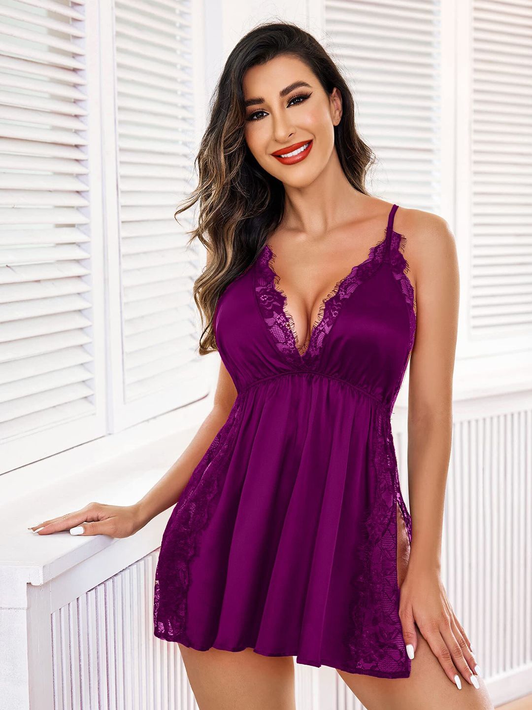 Xivir Self Design Halter Neck Satin Lace Baby Doll