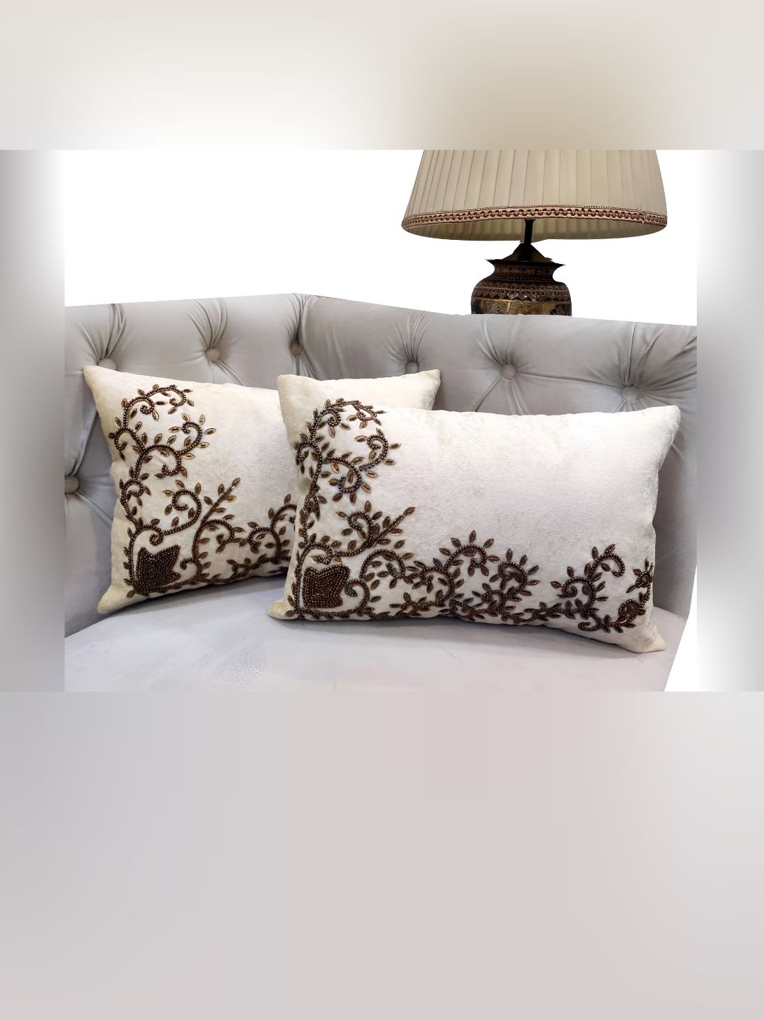 Good Vibes White 2 Pieces Floral Embroidered Velvet Rectangle Cushion Covers-image-19