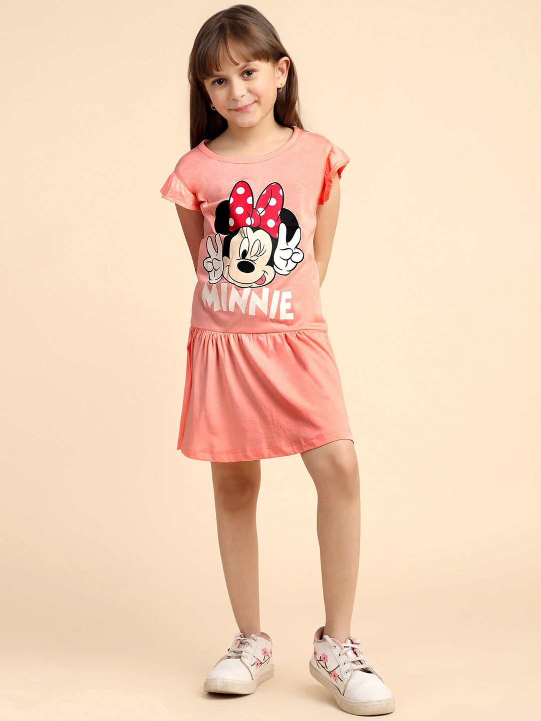 YK Girls Minnie Mouse Printed Cap Sleeve Cotton Drop Waist Dress-image-36