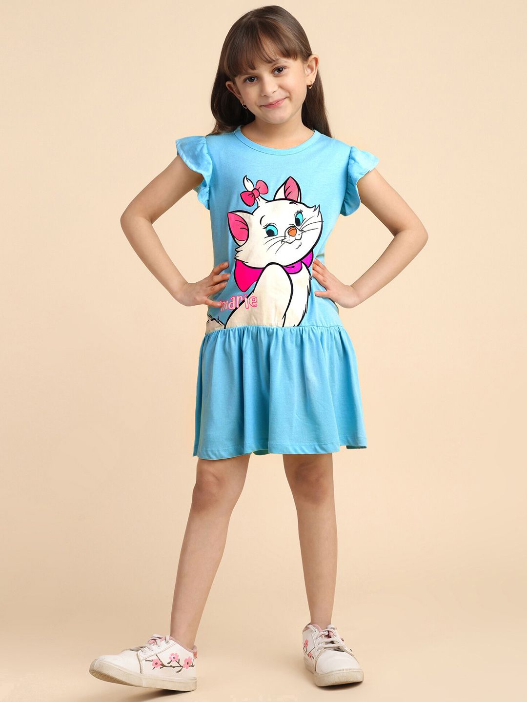YK Girls Graphic Printed Cap Sleeve Cotton Drop Waist Dress-image-3