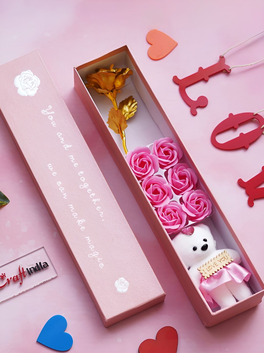 eCraftIndia Pink Rose Flowers & Teddy Bear Valentine's Day Gift Set-image-29