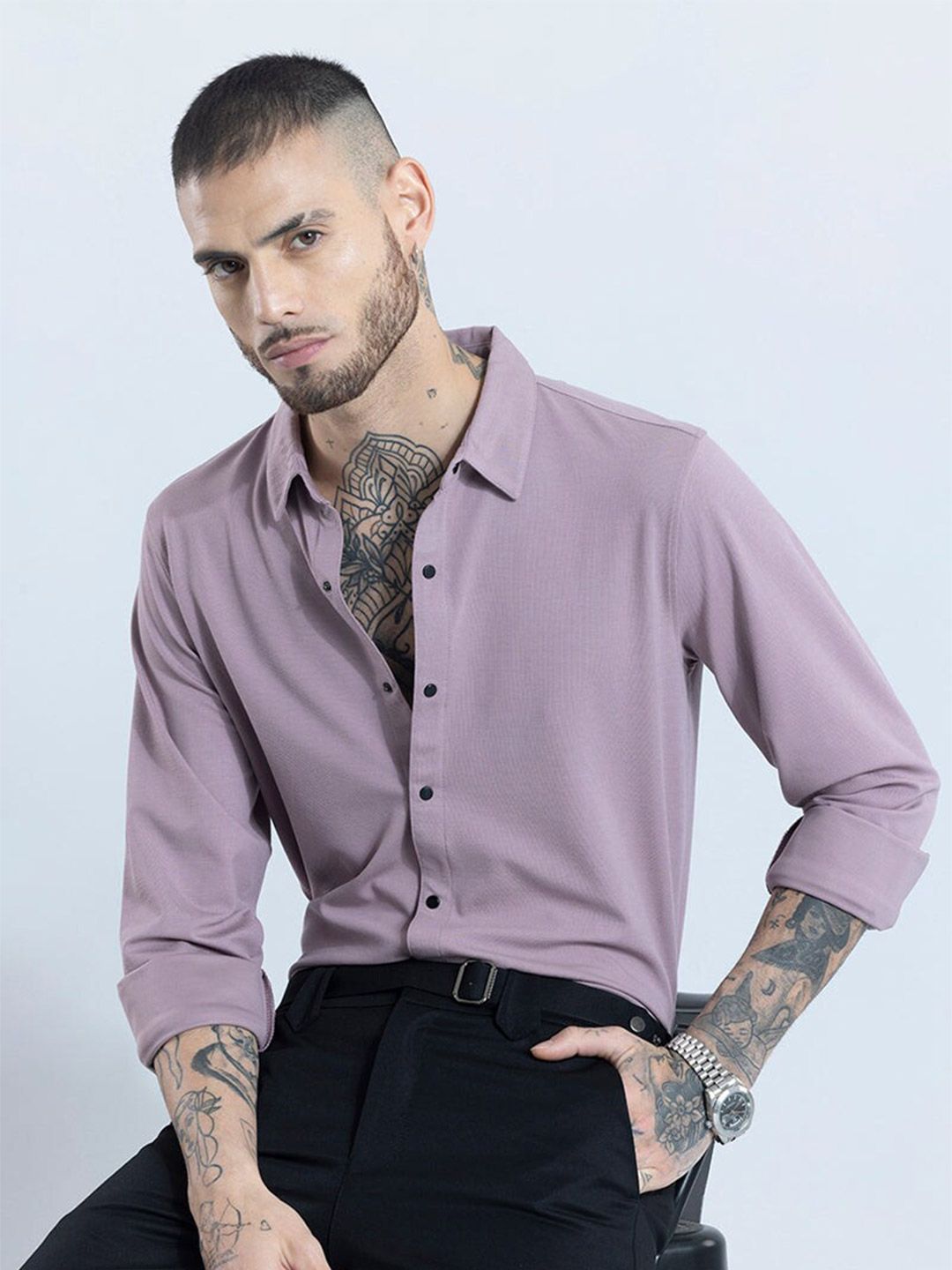 Snitch Purple Self Design Spread Collar Classic Slim Fit Casual Shirt-image-1