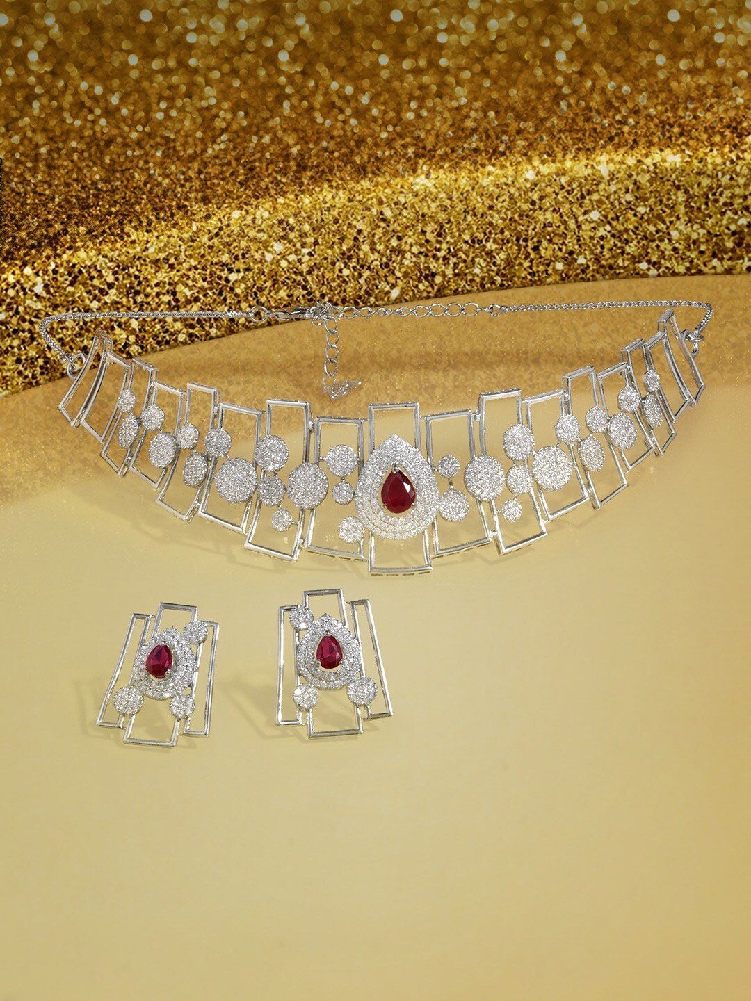 AMI Silver Plated Cubic Zirconia Studded Necklace and Earrings-image-14
