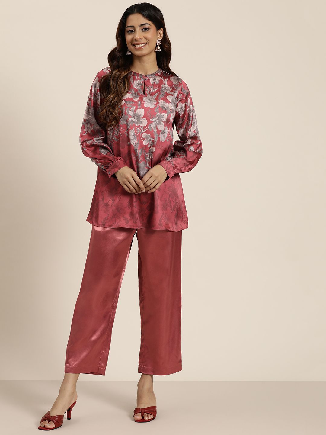 HERE&NOW Floral Printed Satin Kurti with Trousers