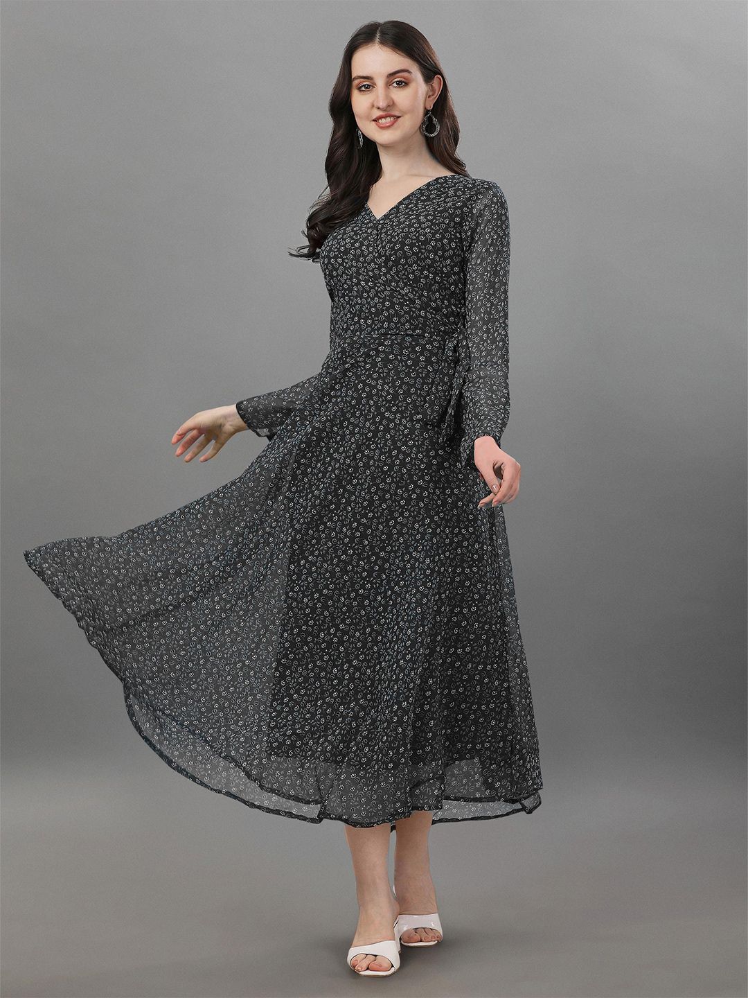KALINI Floral Print Georgette Fit & Flare Midi Dress