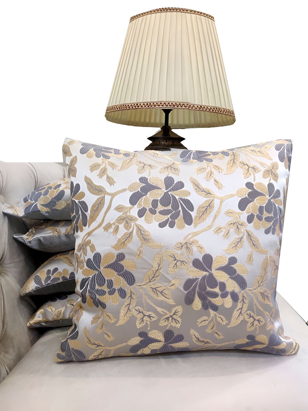 Good Vibes Grey & Gold-Toned 5 Pieces Ethnic Motifs Square Cushion Covers-image-25