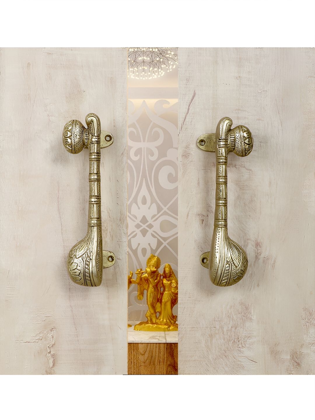 Two Moustaches 2-Pcs Beige Sitar Designed Brass Door Handle