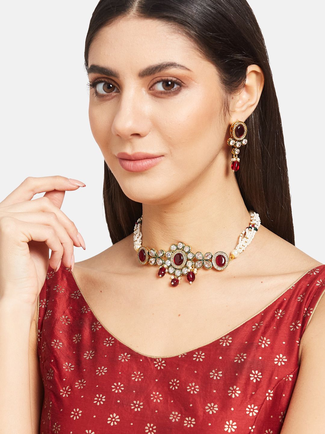 ATIBELLE Gold-Plated Kundan-Studded & Beaded Jewellery Set