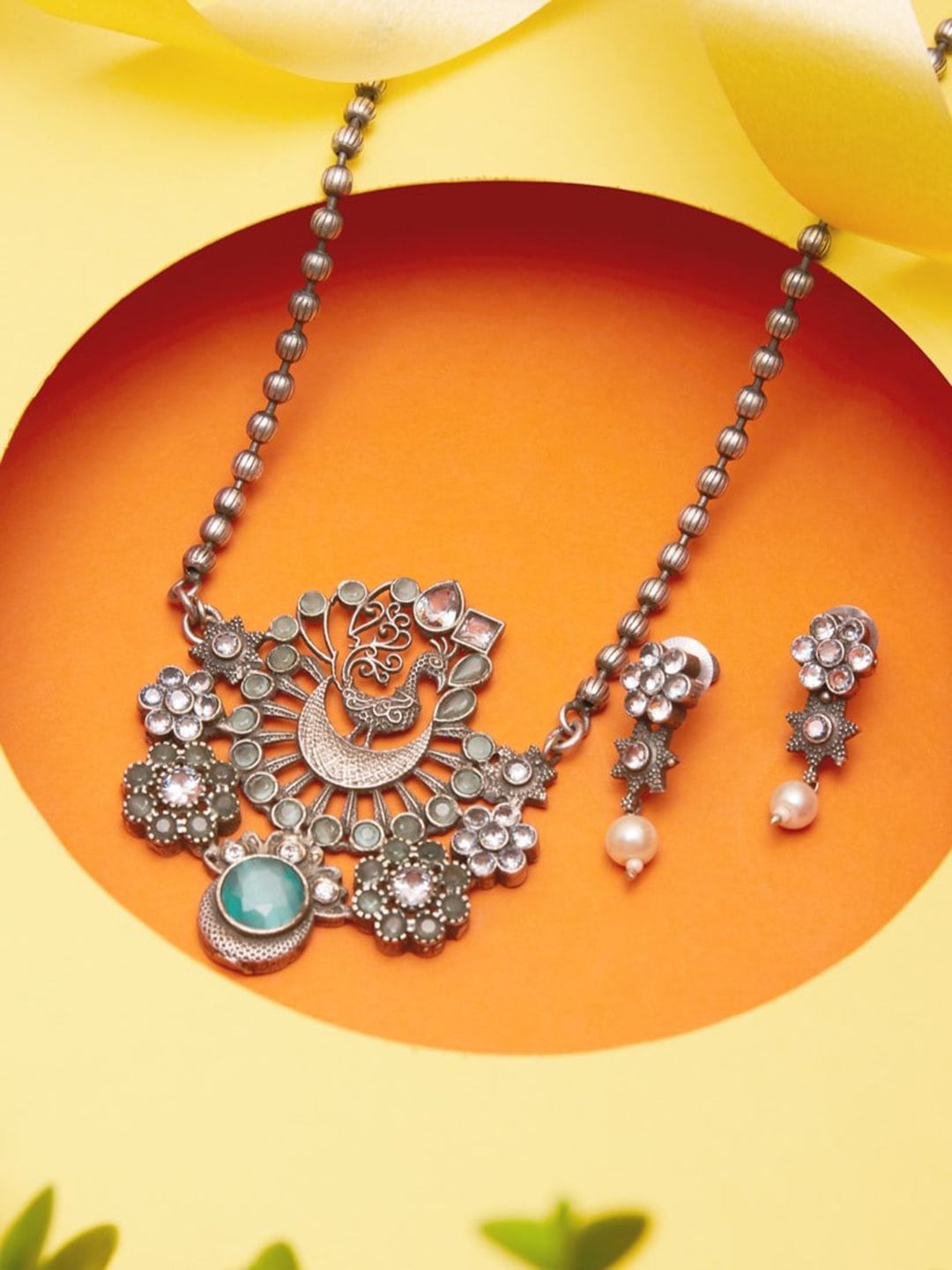 ATIBELLE Silver Plated German Silver Stones Studded & Beaded Jewellery Set