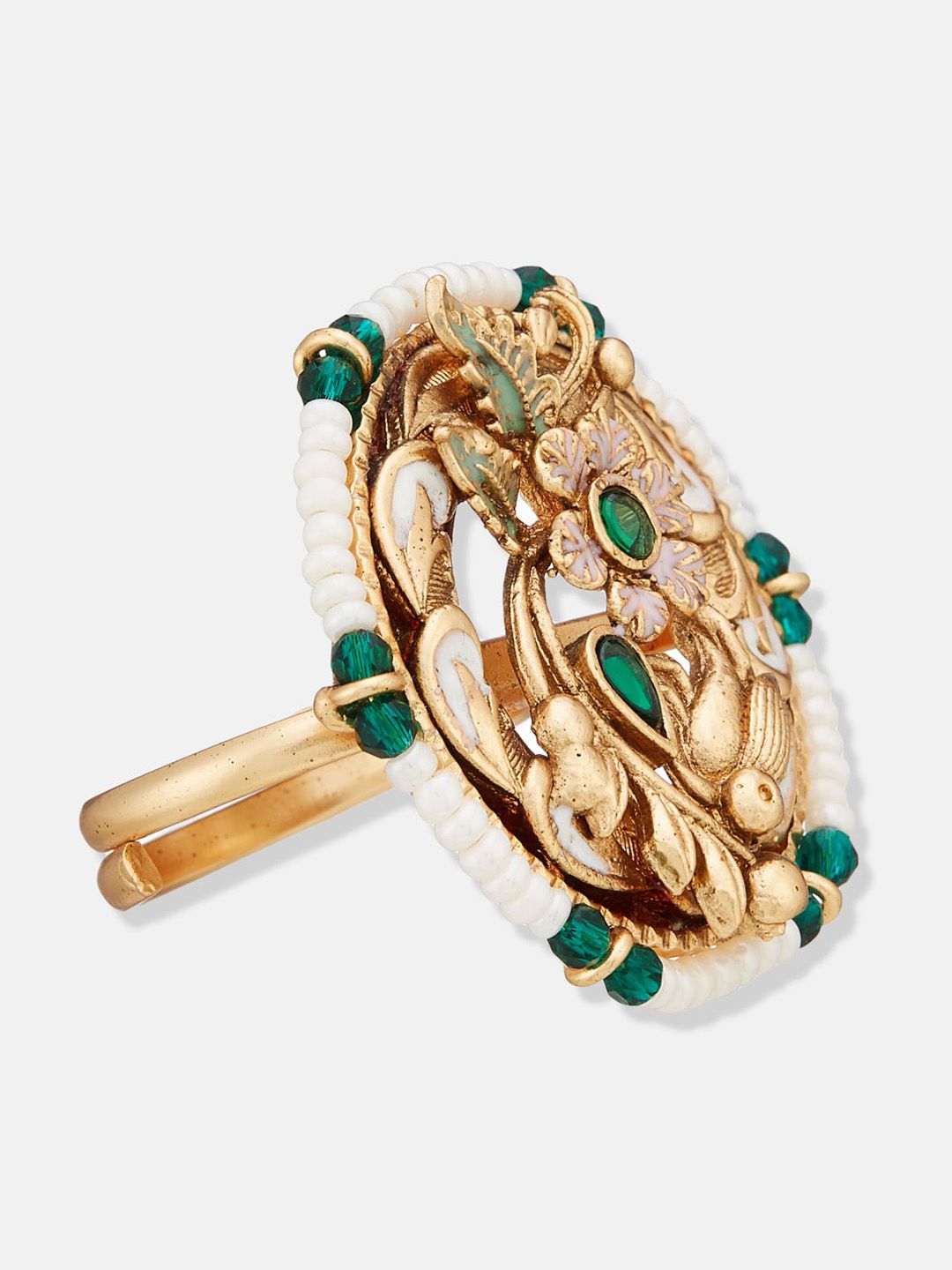 ATIBELLE Gold-Plated Kundan-Studded & Beaded Ring