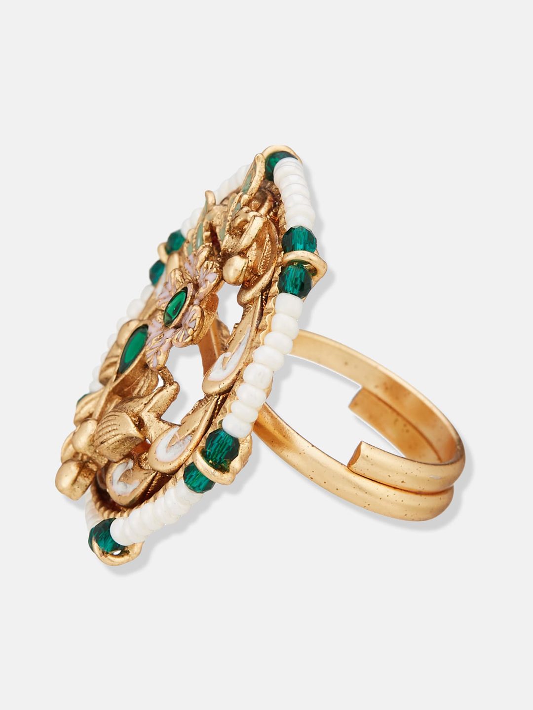 ATIBELLE Gold-Plated Kundan-Studded & Beaded Ring