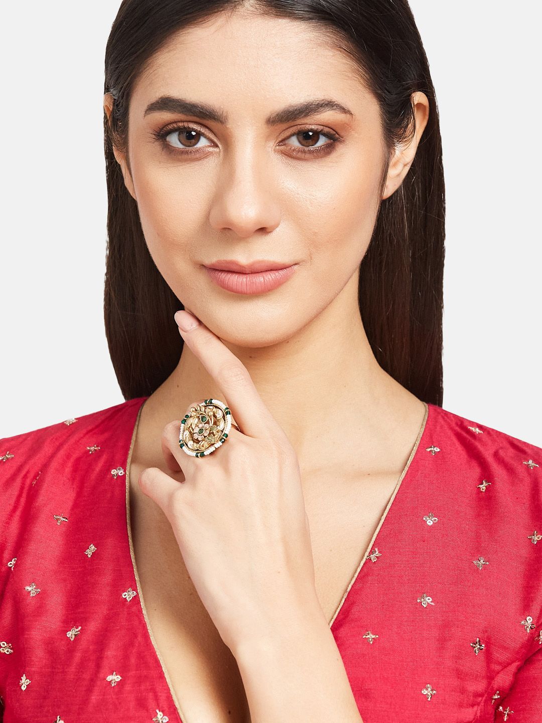 ATIBELLE Gold-Plated Kundan-Studded & Beaded Ring