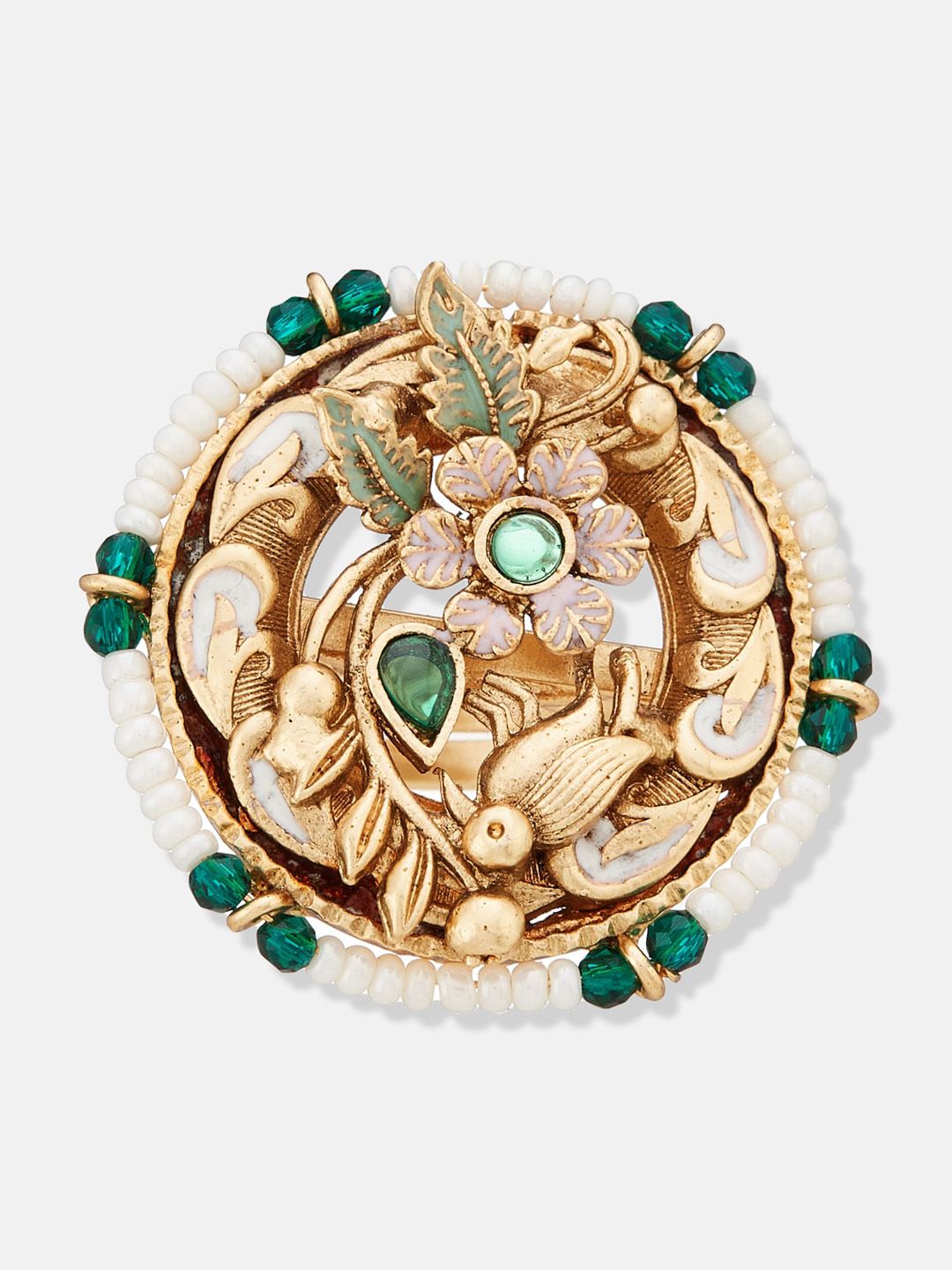 ATIBELLE Gold-Plated Kundan-Studded & Beaded Ring