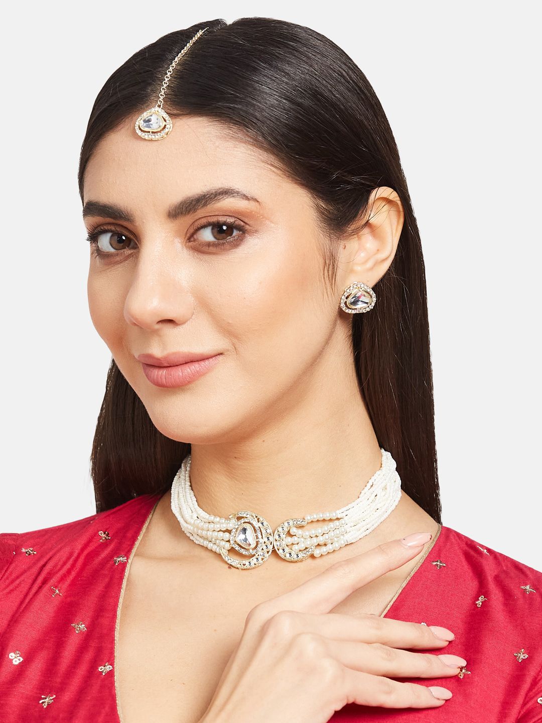 ATIBELLE Gold-Plated Kundan-Studded & Beaded Jewellery Set