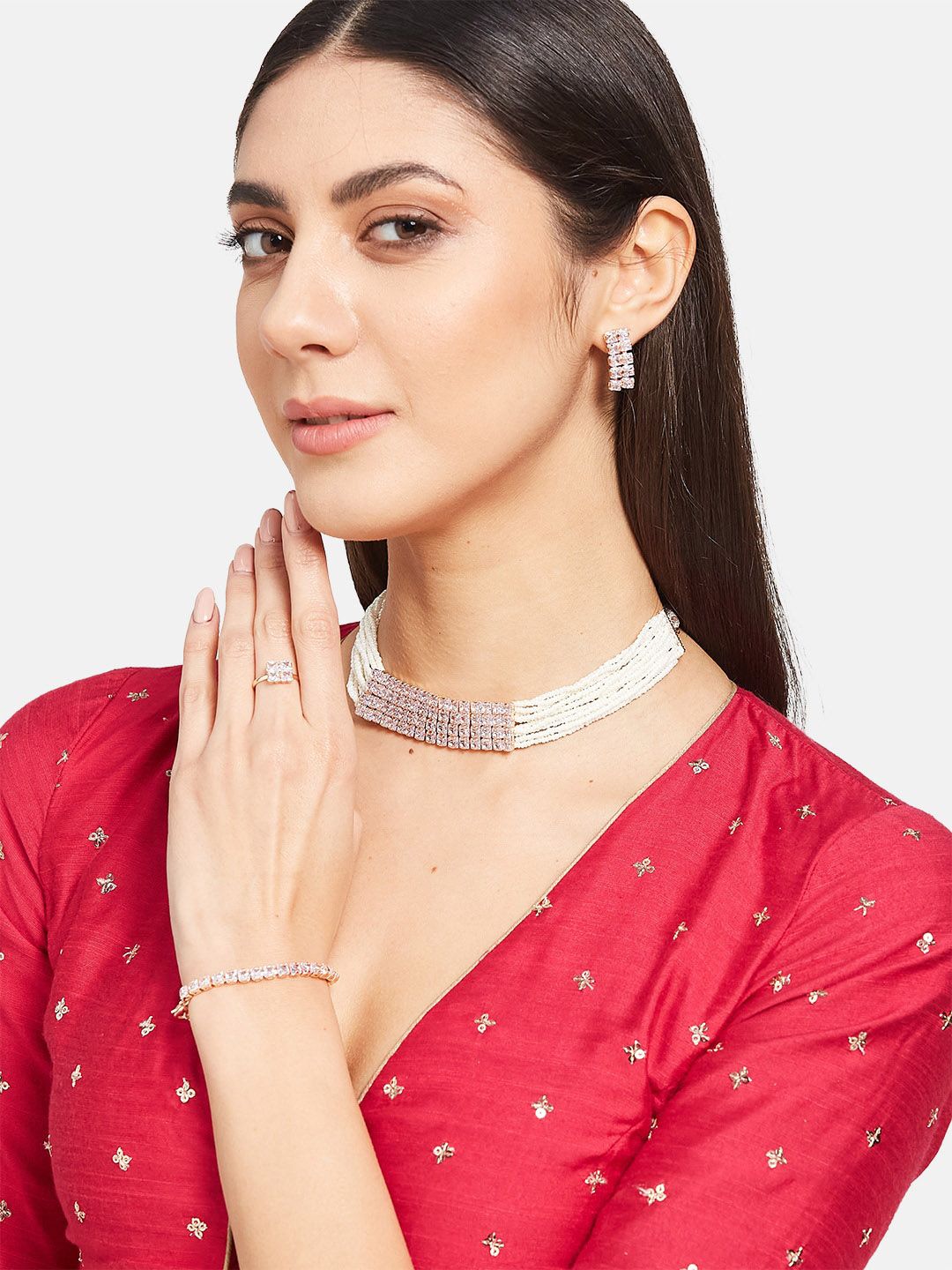 ATIBELLE Rose Gold Plated Cubic Zirconia Studded Jewellery Set