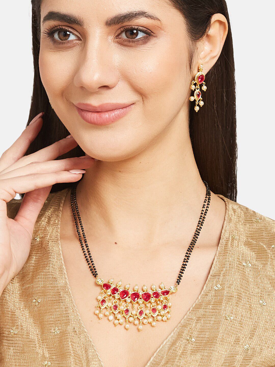 ATIBELLE Gold-Plated Stones Studded and Beaded Floral Shaped Mangalsutra