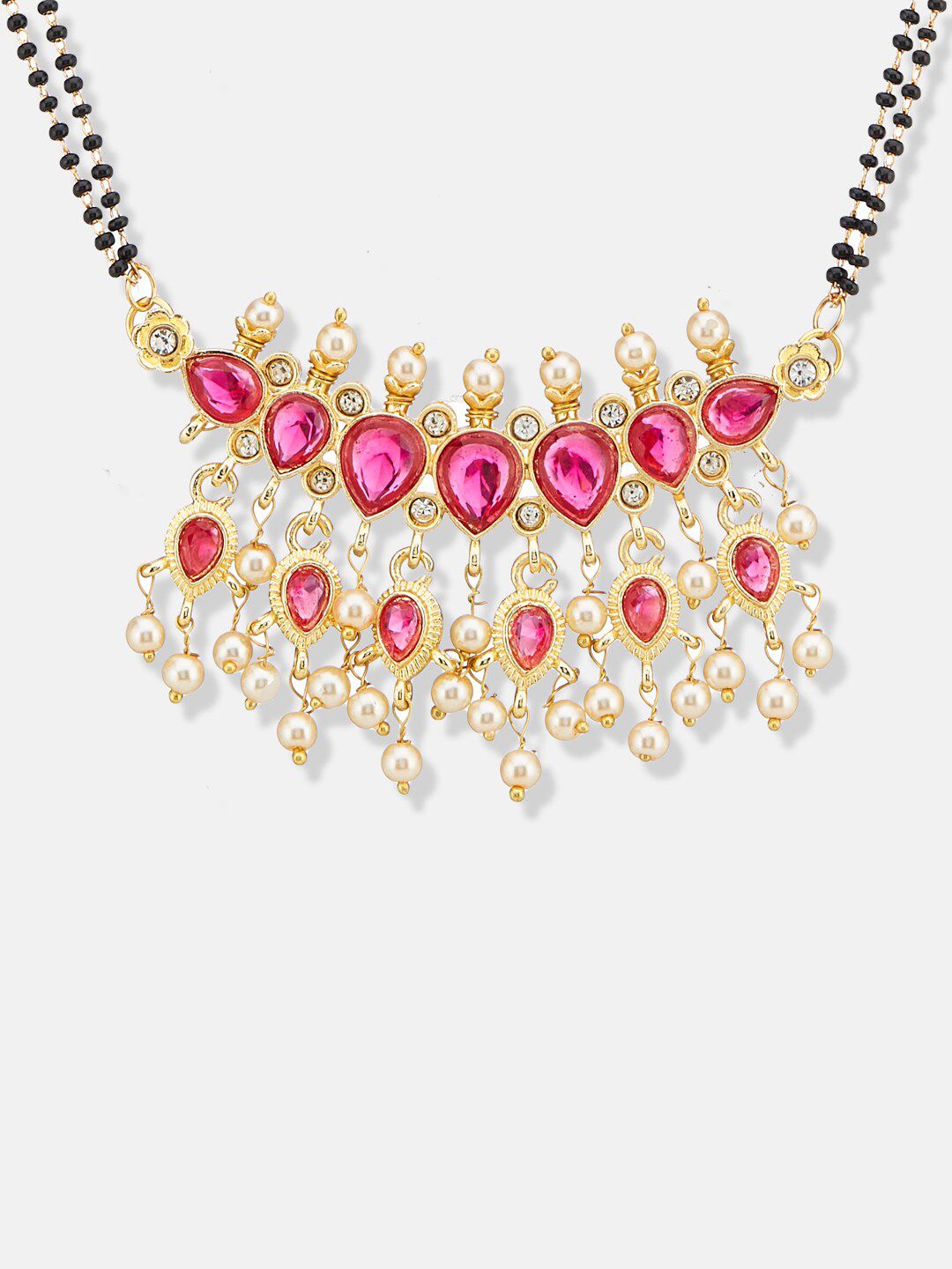 ATIBELLE Gold-Plated Stones Studded and Beaded Floral Shaped Mangalsutra