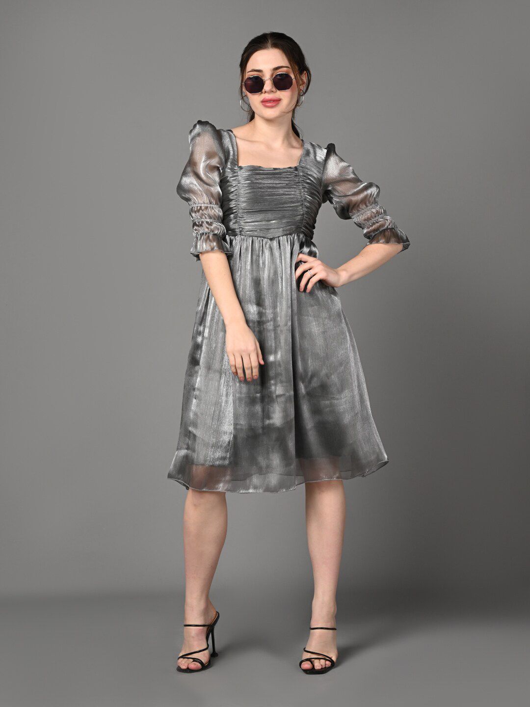 Justin Whyte Square Neck Puff Sleeves Fit & Flare Dress-image-6