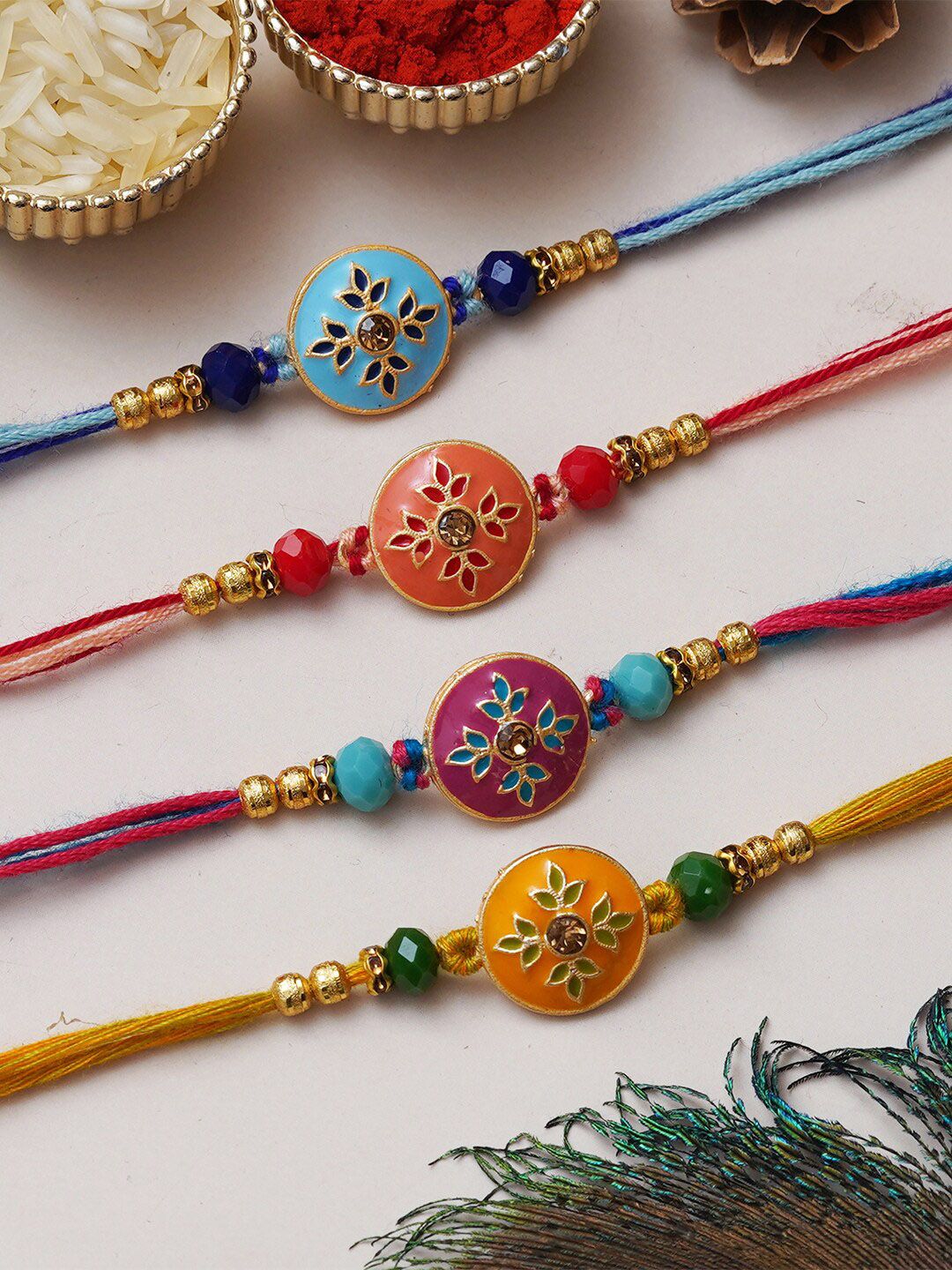 eCraftIndia Set of 4 Floral-Shaped Designer Rakhis with Roli & Chawal-picture-13