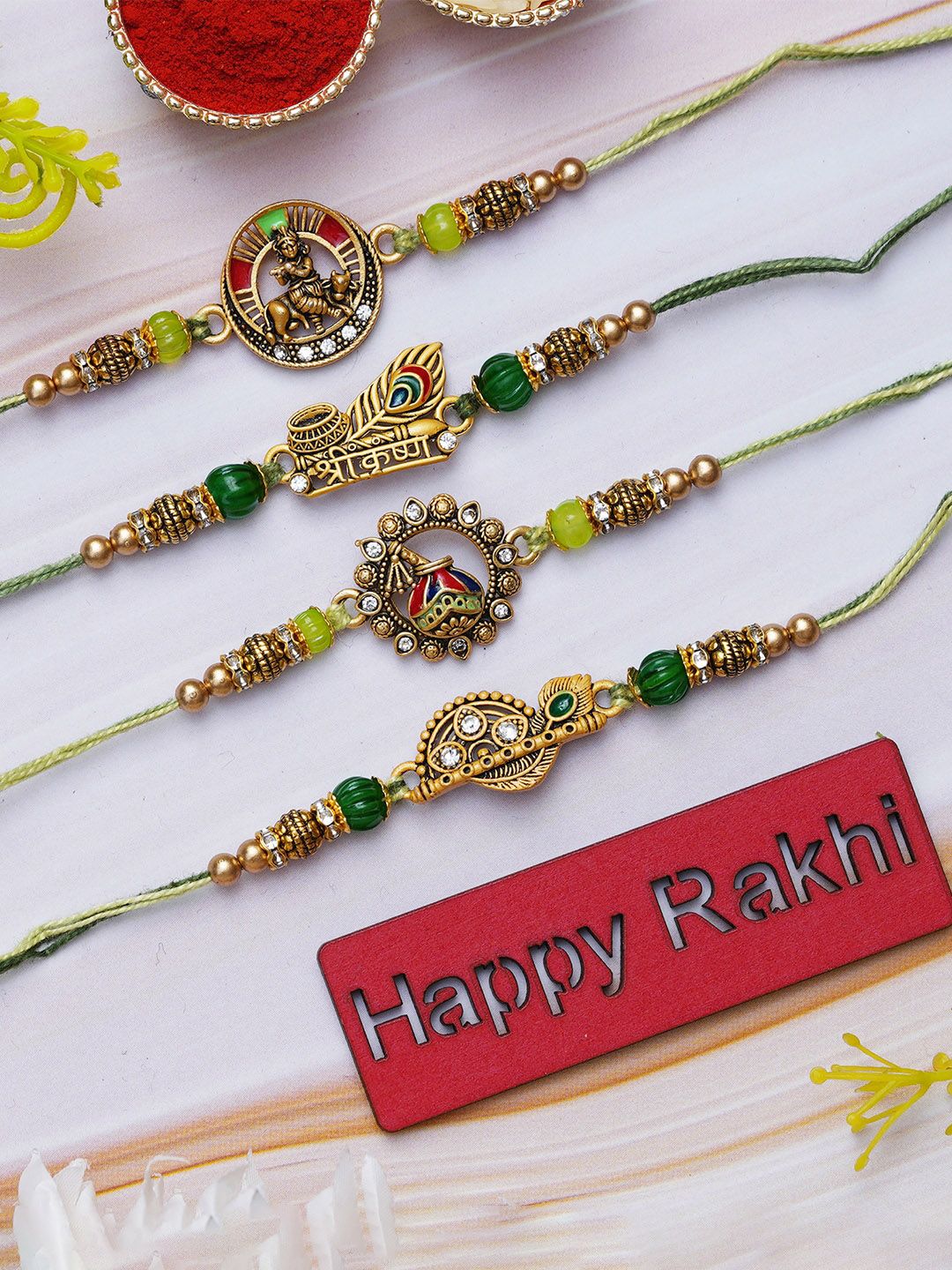eCraftIndia Set of 4 Kundan-Studded Designer Rakhis with Roli & Chawal-picture-26