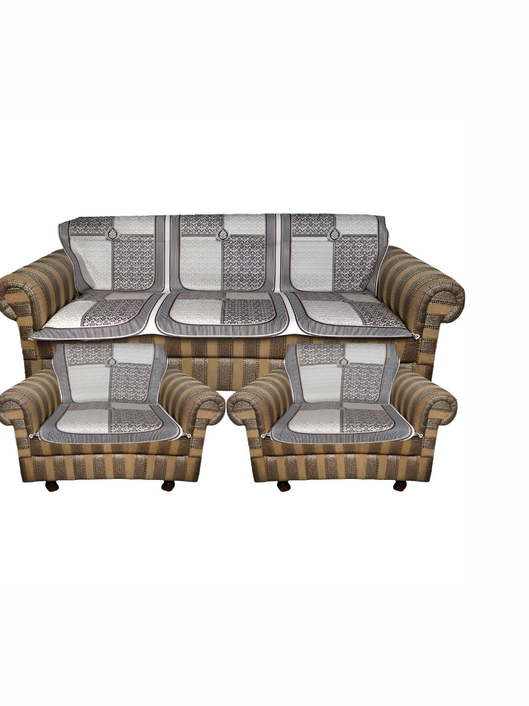 TANLOOMS Brown & White 6 Pieces Velvet 5 Seater Sofa Cover Without Arms-image-48