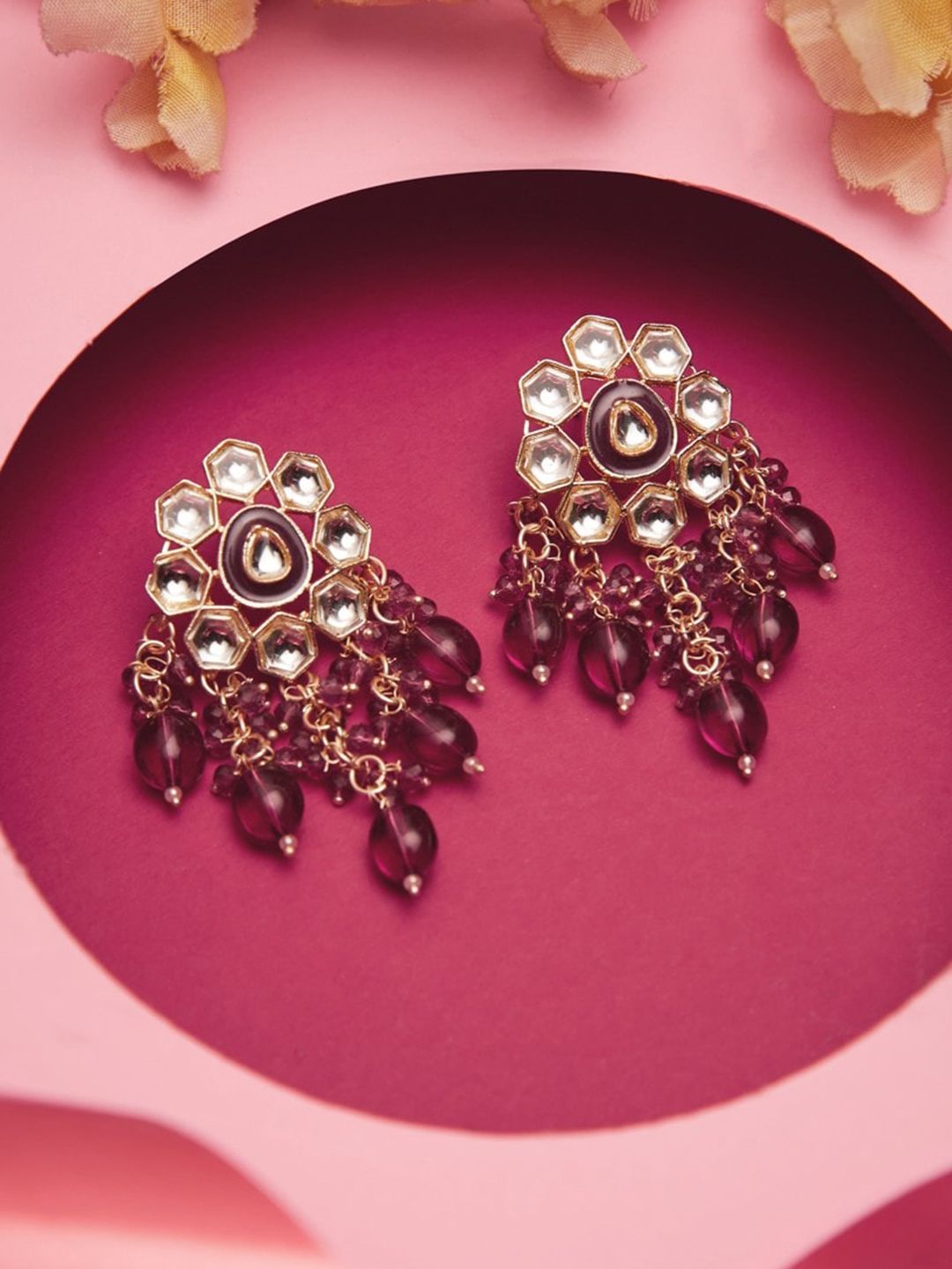 ATIBELLE Gold-Plated Beaded Stone Studded Drop Earrings
