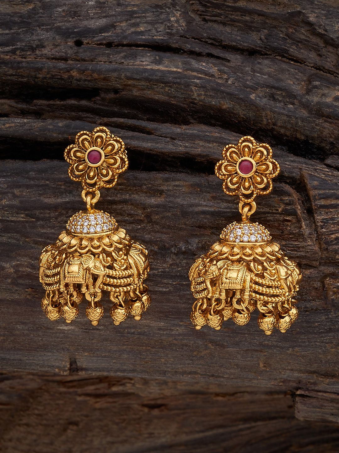 Kushal's Fashion Jewellery Gold-Plated Stones Studded Dome Shaped Antique Jhumkas-picture-28