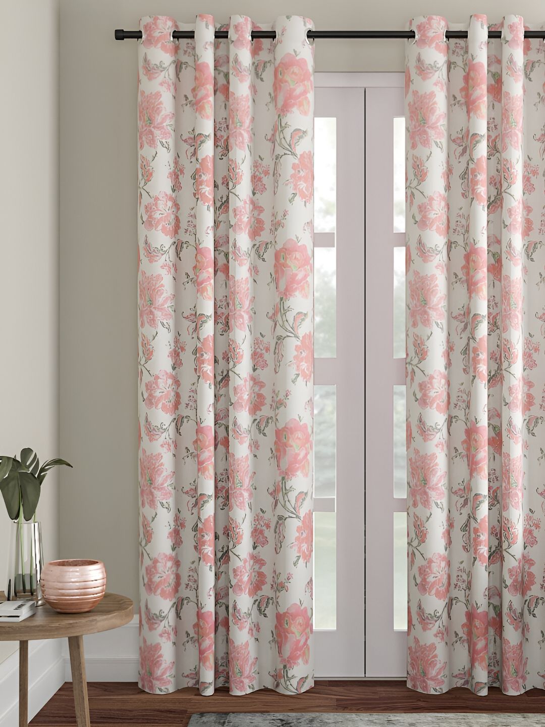Aura Red & White Floral Printed Premium Jute Room Darkening Door Curtain-image-4