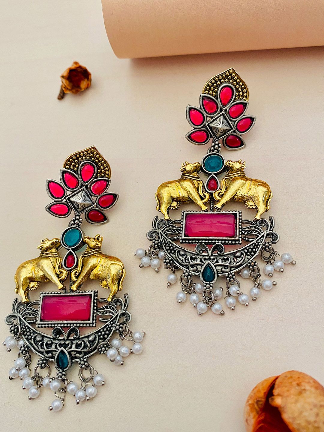 Sangria German Silver-Plated Dual Tone Stone Studded & Beaded Oxidised Drop Earrings-picture-36