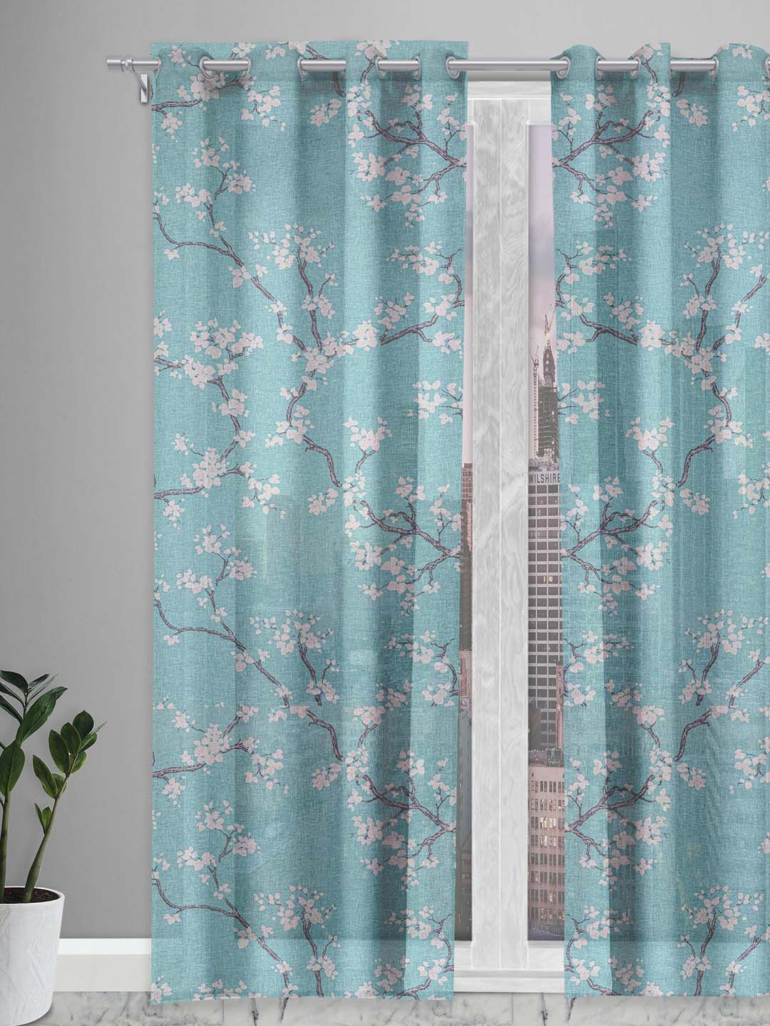 Aura Blue & White Floral Door Curtain-picture-31