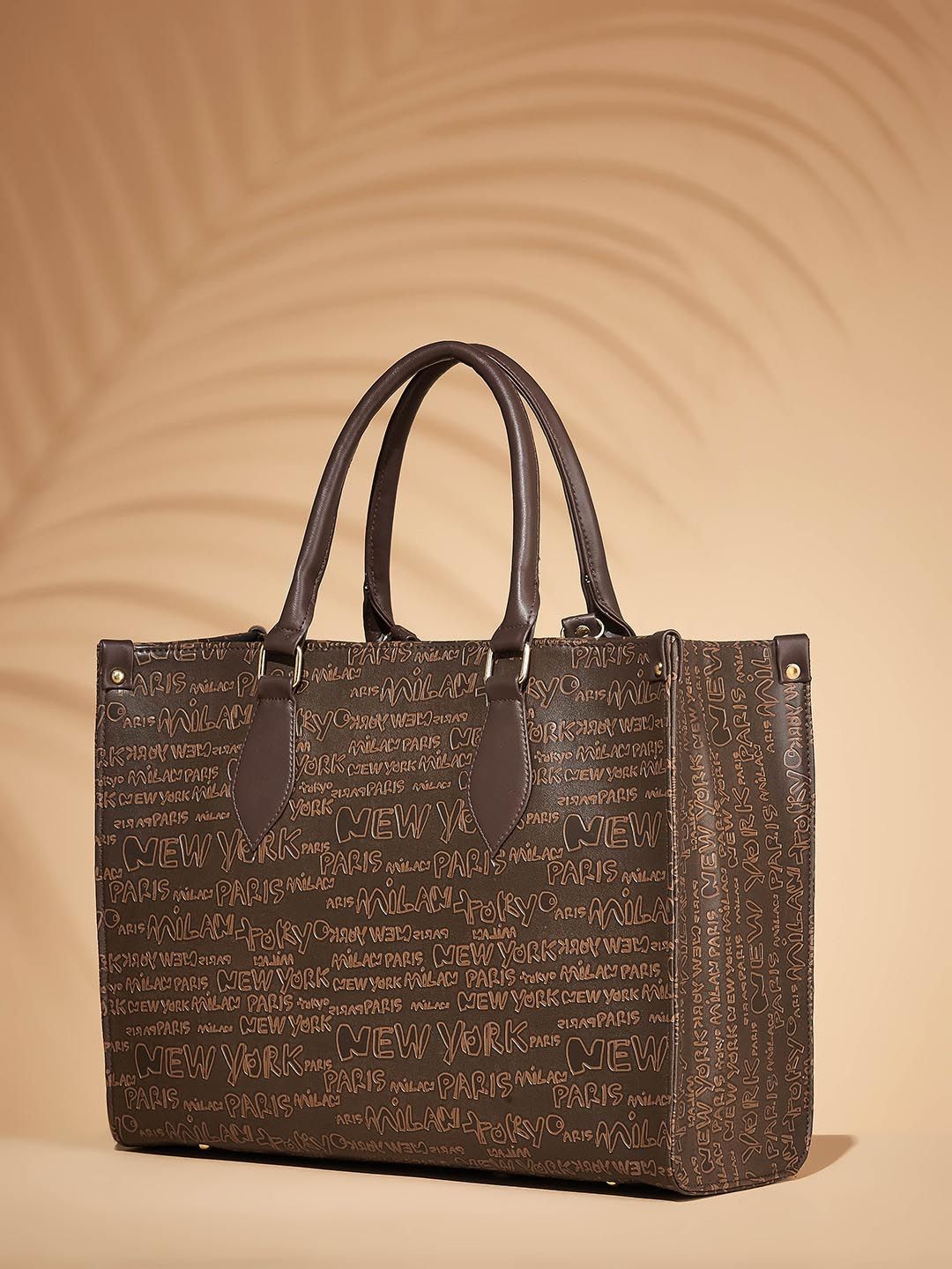 Mast & Harbour Brown Typography Printed Oversized Structured Tote Bag-picture-37