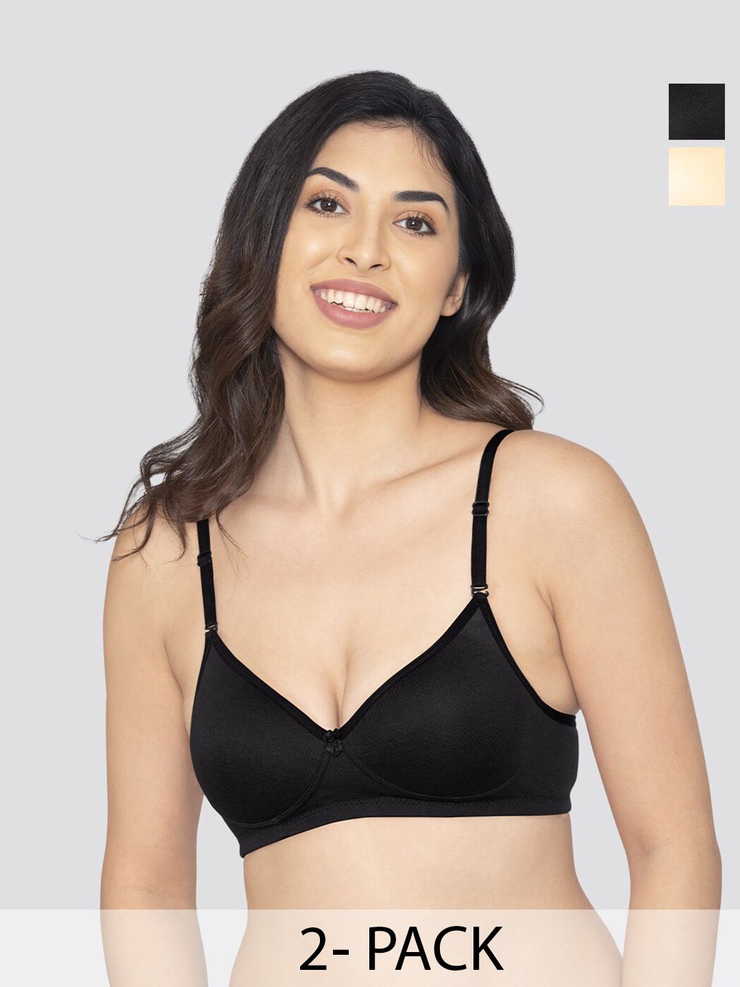 K LINGERIE Pack of 2 Sharon Detachable Straps Padded T-Shirt Bra BLK-SKN