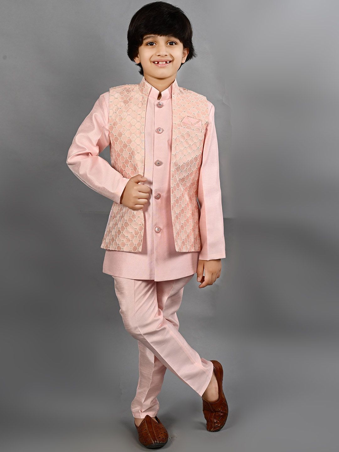 ahhaaaa Self-Design Mandarin Collar Sherwani Set-picture-31