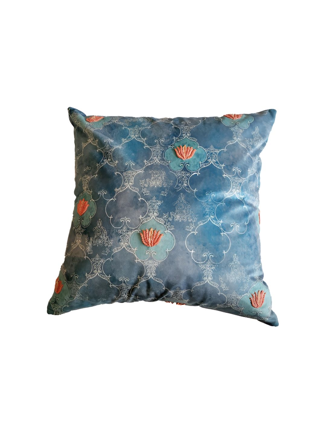 ZEBA Blue & Orange Ethnic Motifs Velvet Square Cushion Cover-picture-36