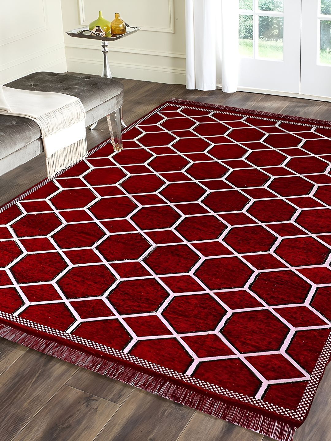 Sparrow world Red & White Geometric Printed Velvet Chennille Rectangular Carpet-picture-30