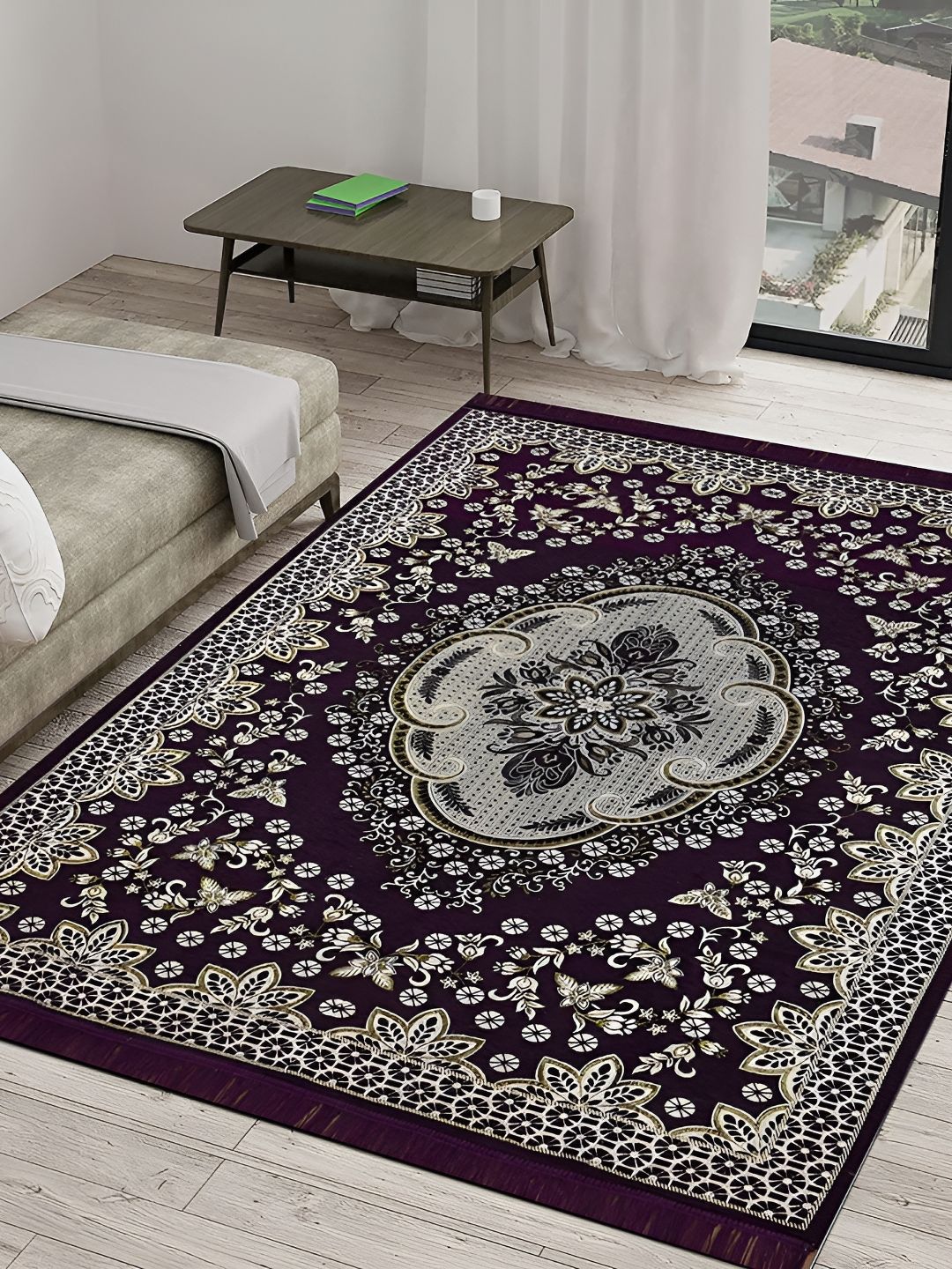 Sparrow world Purple & White Floral Printed Rectangular Carpet-image-42