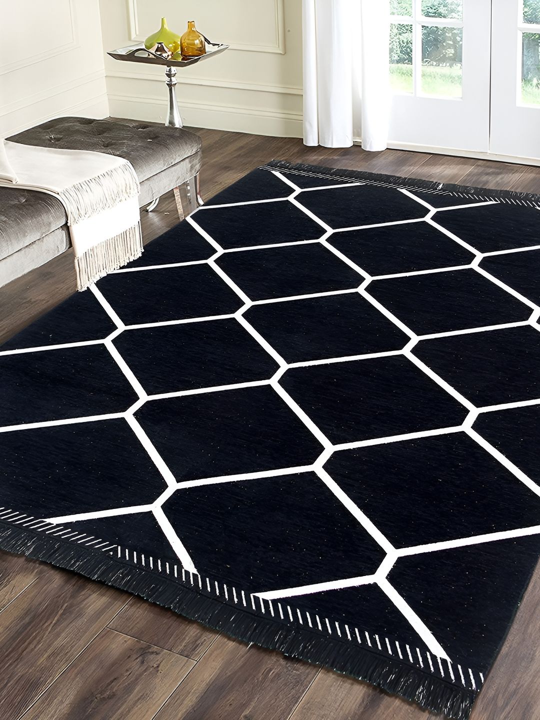 Sparrow world Black & White Geometric Printed Velvet Chennille Rectangular Carpet-picture-37