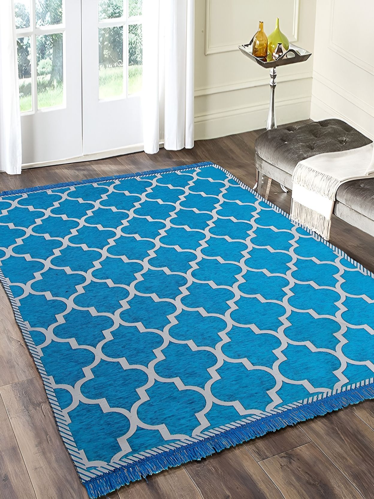 Sparrow world Blue & White Geometric Printed Velvet Chennille Rectangular Carpet-picture-22