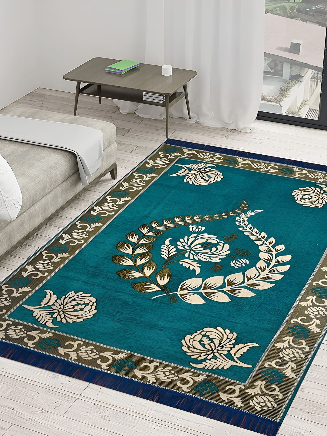 Sparrow world Blue & Cream Floral Printed Rectangular Carpet-picture-33