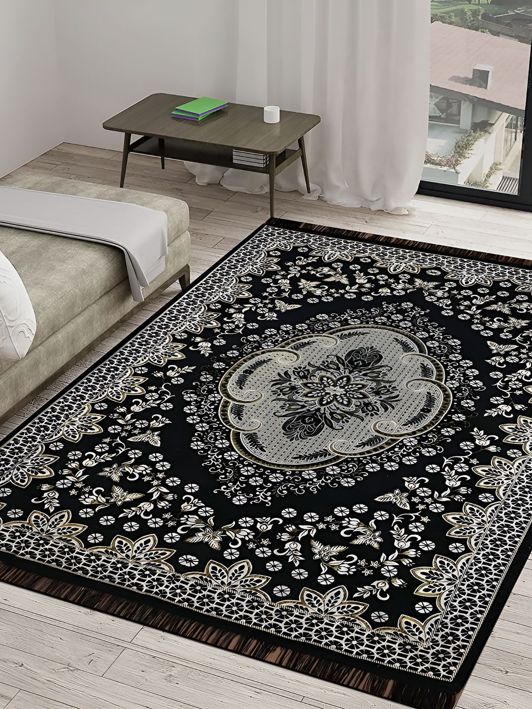 Sparrow world Black & White Floral Printed Rectangular Carpet-picture-34