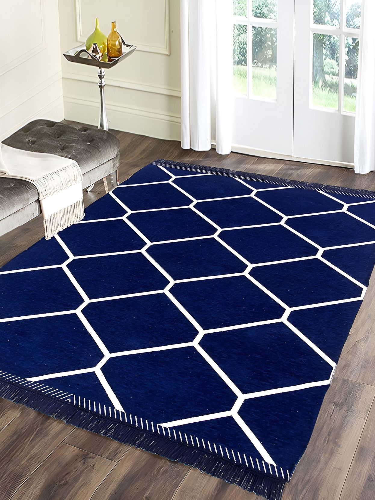 Sparrow world Blue & White Geometric Printed Velvet Chennille Rectangular Carpet-picture-23