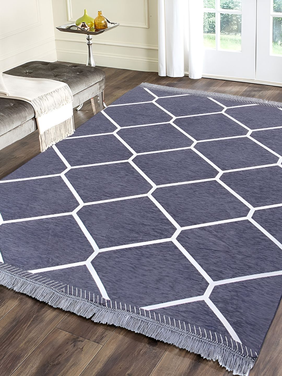 Sparrow world Grey & White Geometric Printed Velvet Chennille Rectangular Carpet-picture-21