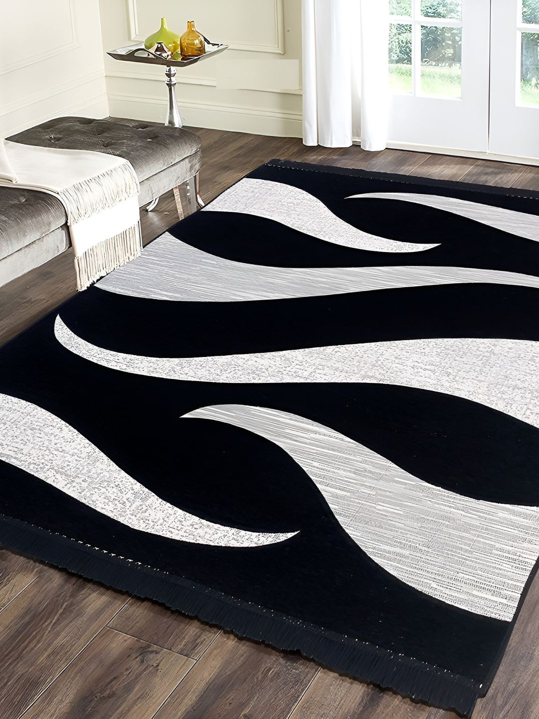 Sparrow world Black & Grey Abstract Printed Velvet Chennille Rectangular Carpet-picture-29