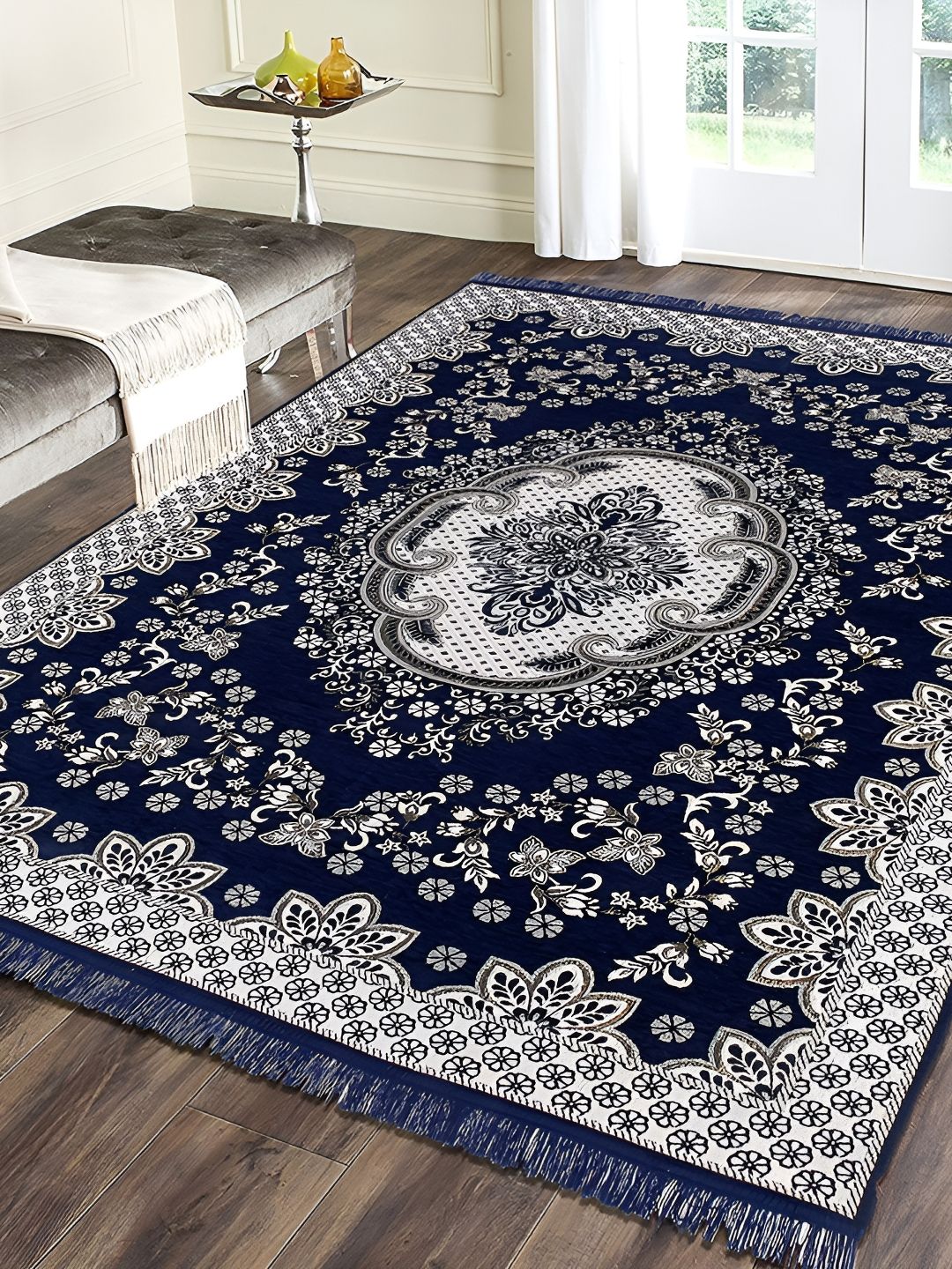 Sparrow world Blue & White Floral Printed Velvet Chennille Rectangular Carpet