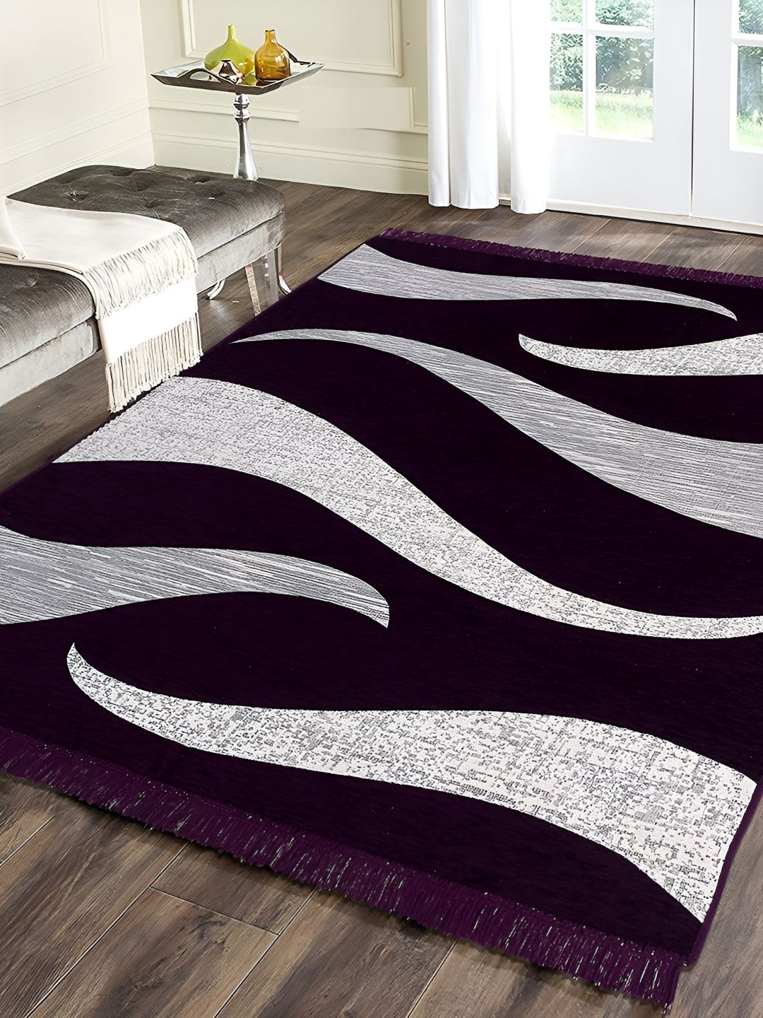 Sparrow world Purple & Grey Abstract Printed Velvet Chennille Rectangular Carpet-image-42
