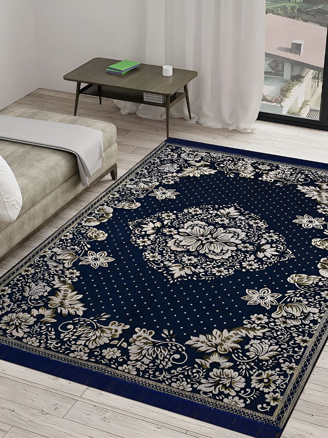 Sparrow world Blue & White Floral Printed Rectangular Carpet-picture-34