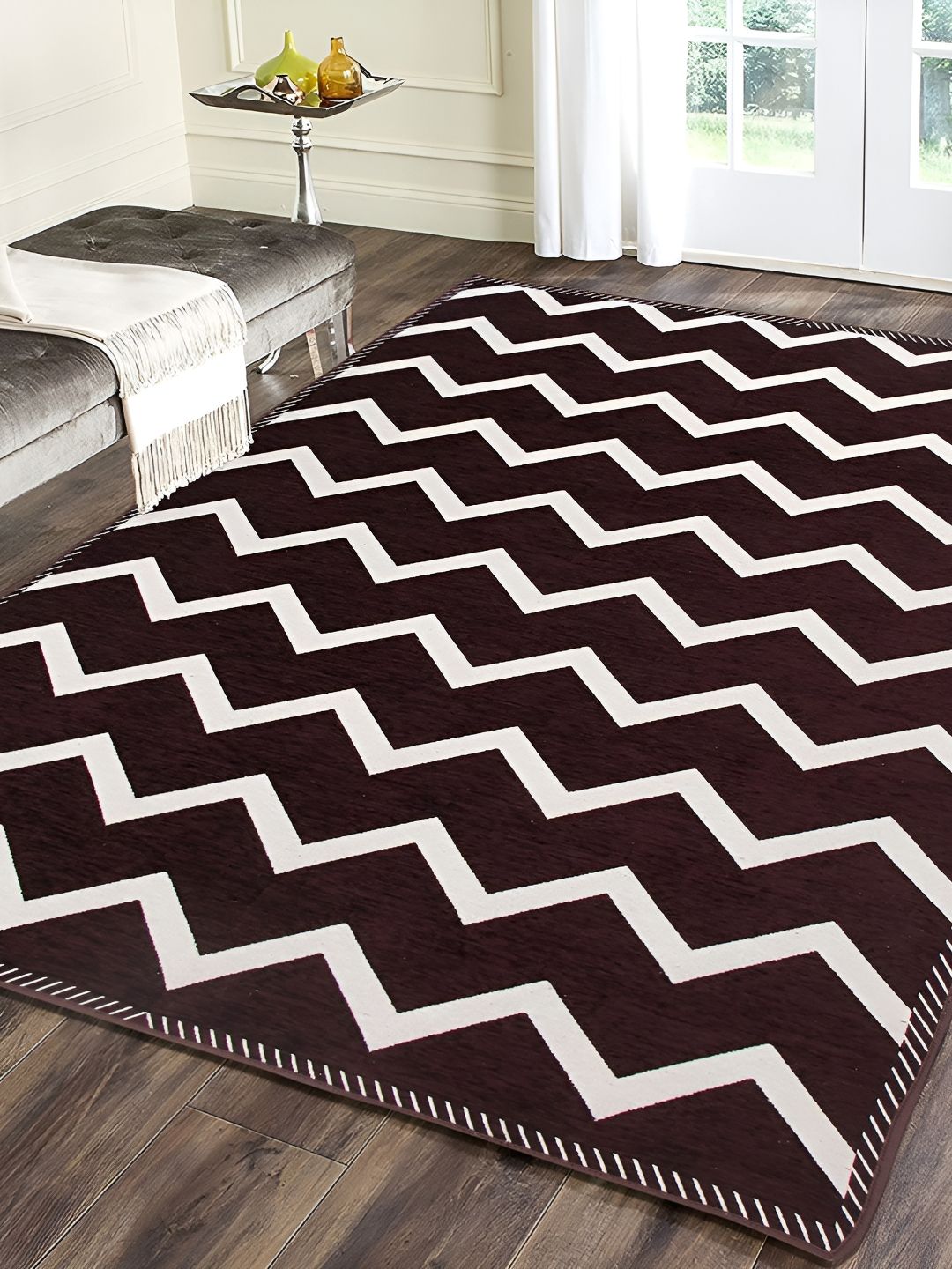 Sparrow world Brown & White Geometric Printed Velvet Chennille Rectangular Carpet-picture-30