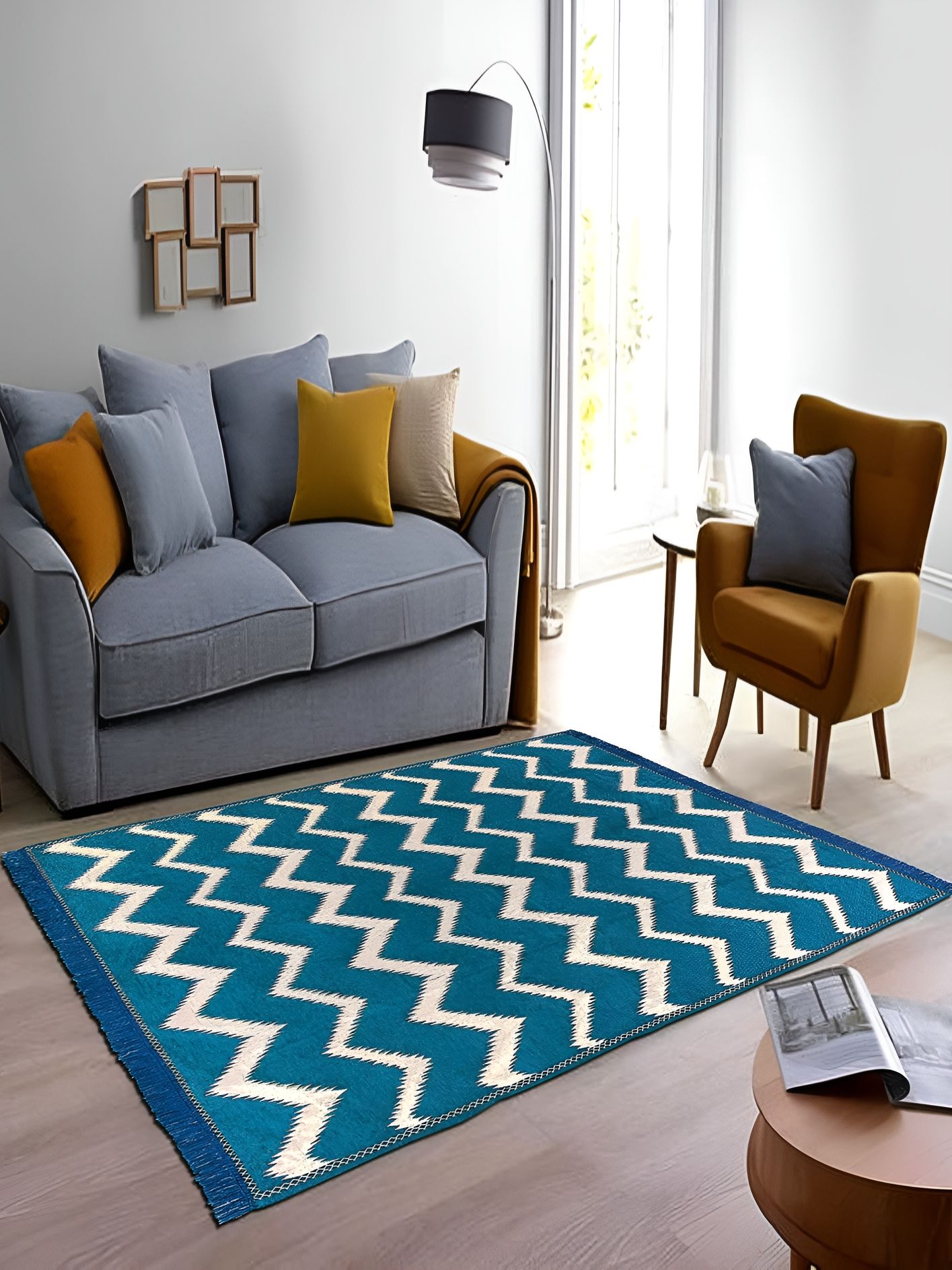 Sparrow world Blue & White Geometric Printed Velvet Chennille Rectangular Carpet-picture-20
