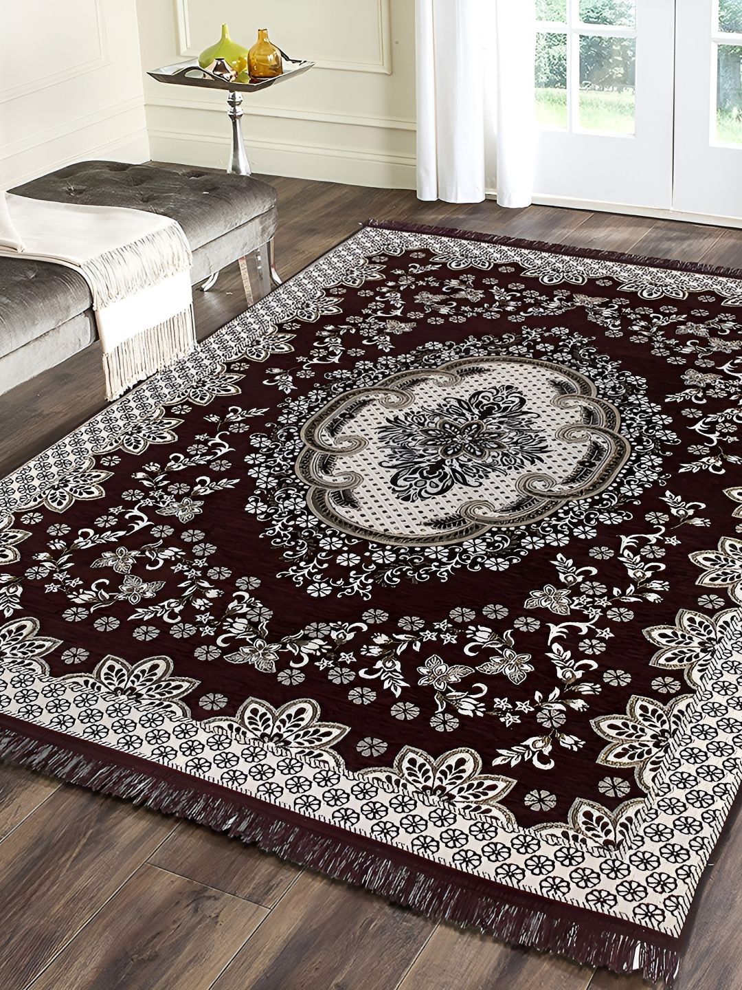 Sparrow world Brown & White Floral Printed Velvet Chennille Rectangular Carpet-picture-18