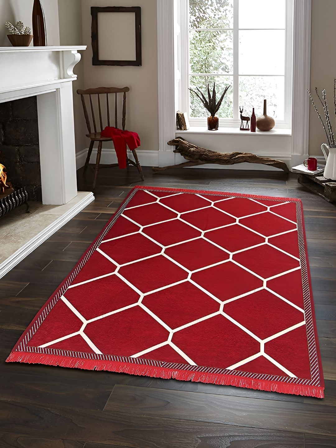 Sparrow world Red & White Geometric Printed Velvet Chennille Rectangular Carpet-picture-12